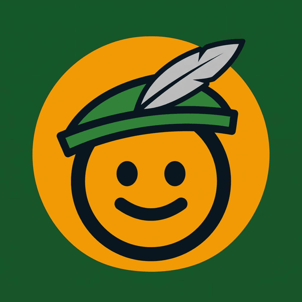 Otis wearing a green cap with a white feather